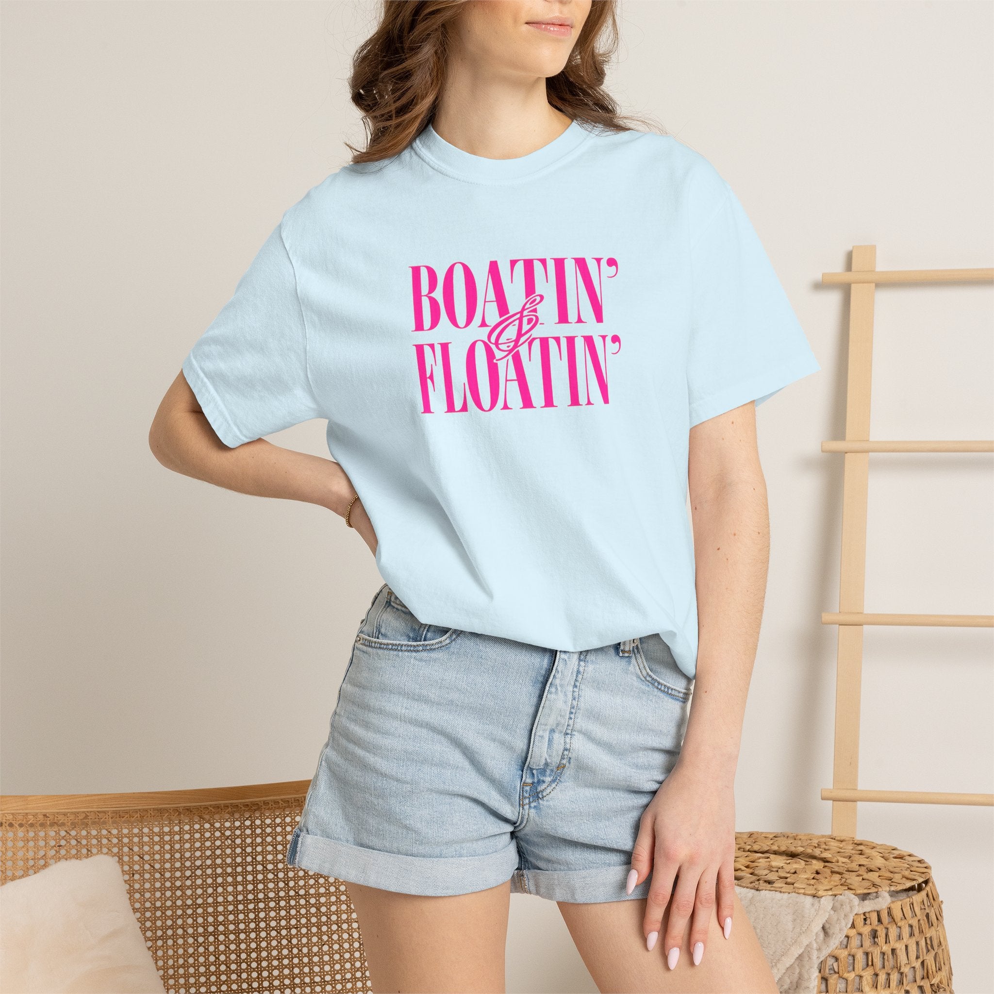 Boatin' & Floatin' T-Shirt — Retro Teal Tee with Pink Text