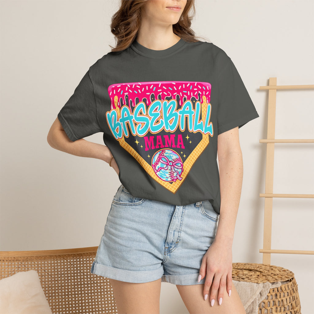 Baseball Mama T-Shirt — Retro Neon Home Plate Design