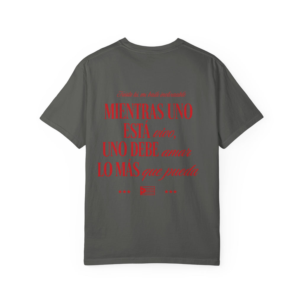 Spanish Quote T-Shirt — “Mientras uno está vivo…” Chest Graphic & Back Typography