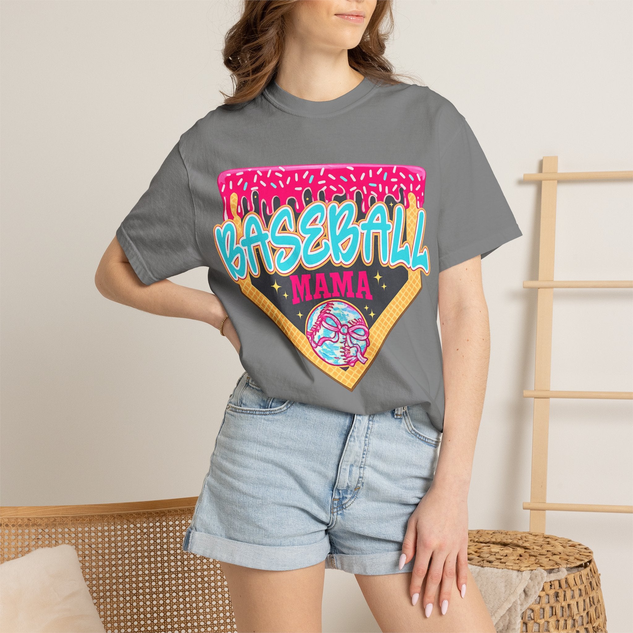 Baseball Mama T-Shirt — Retro Neon Home Plate Design