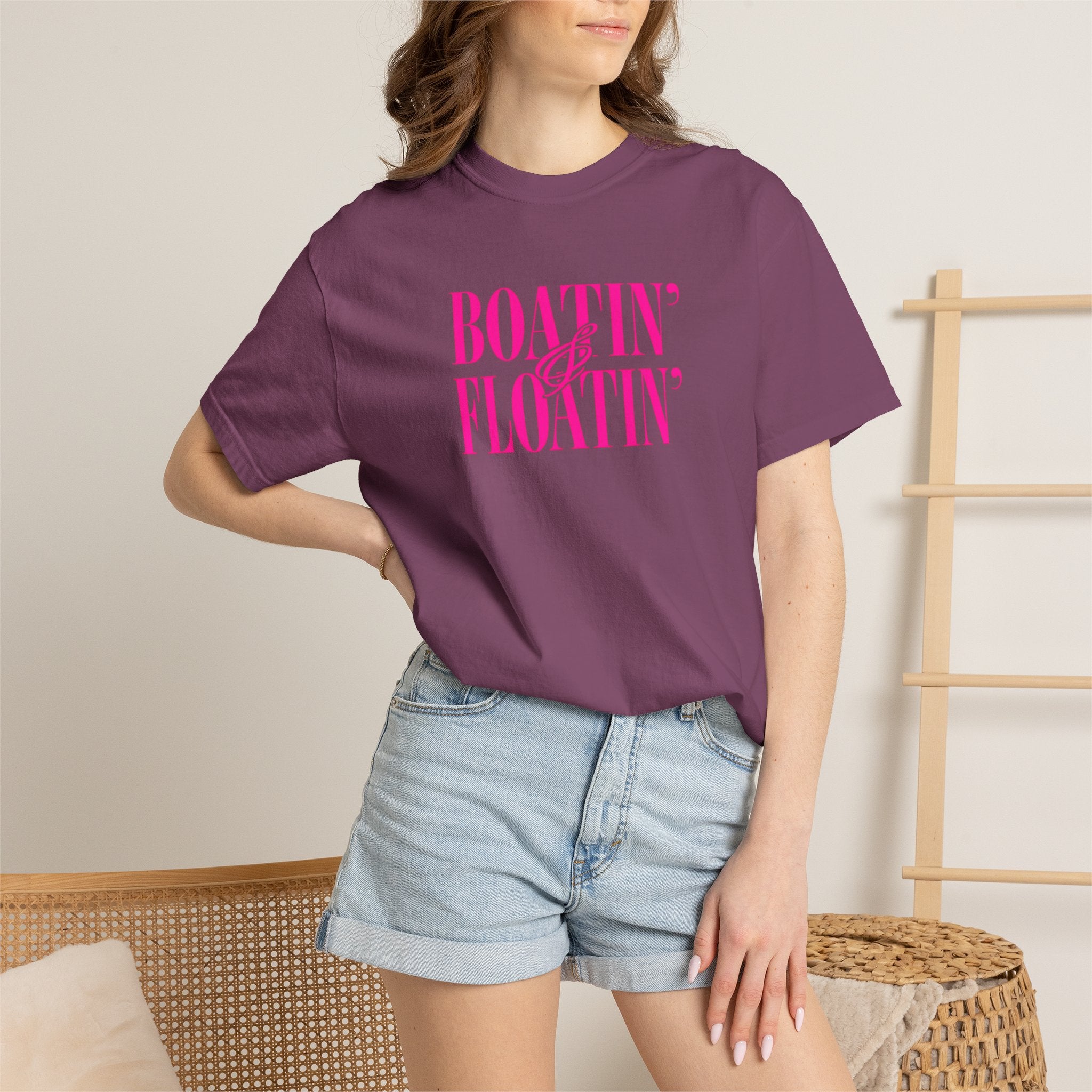 Boatin' & Floatin' T-Shirt — Retro Teal Tee with Pink Text