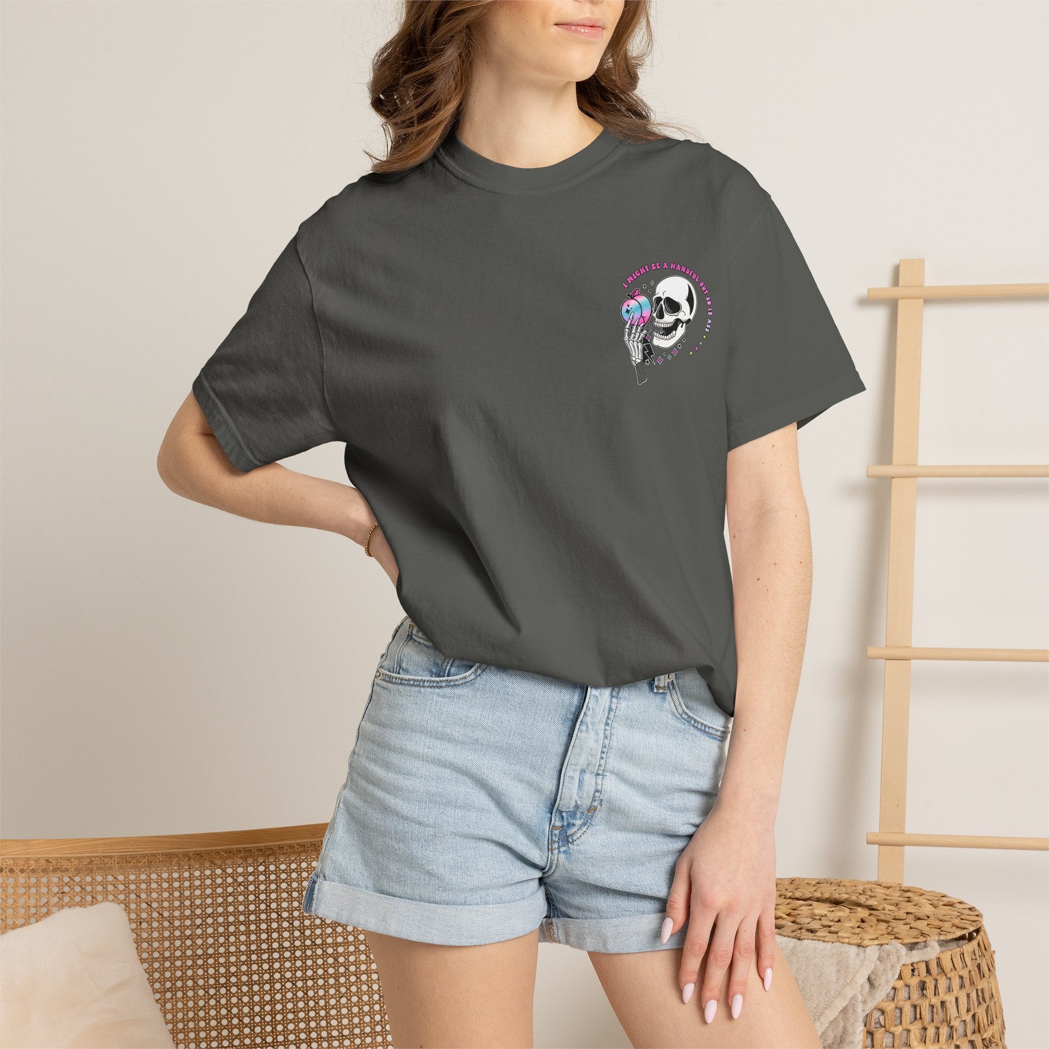 Skull & Skeletal Hand T-Shirt — "I Might Be A Handful But So Is This Ass" Retro Graphic Tee