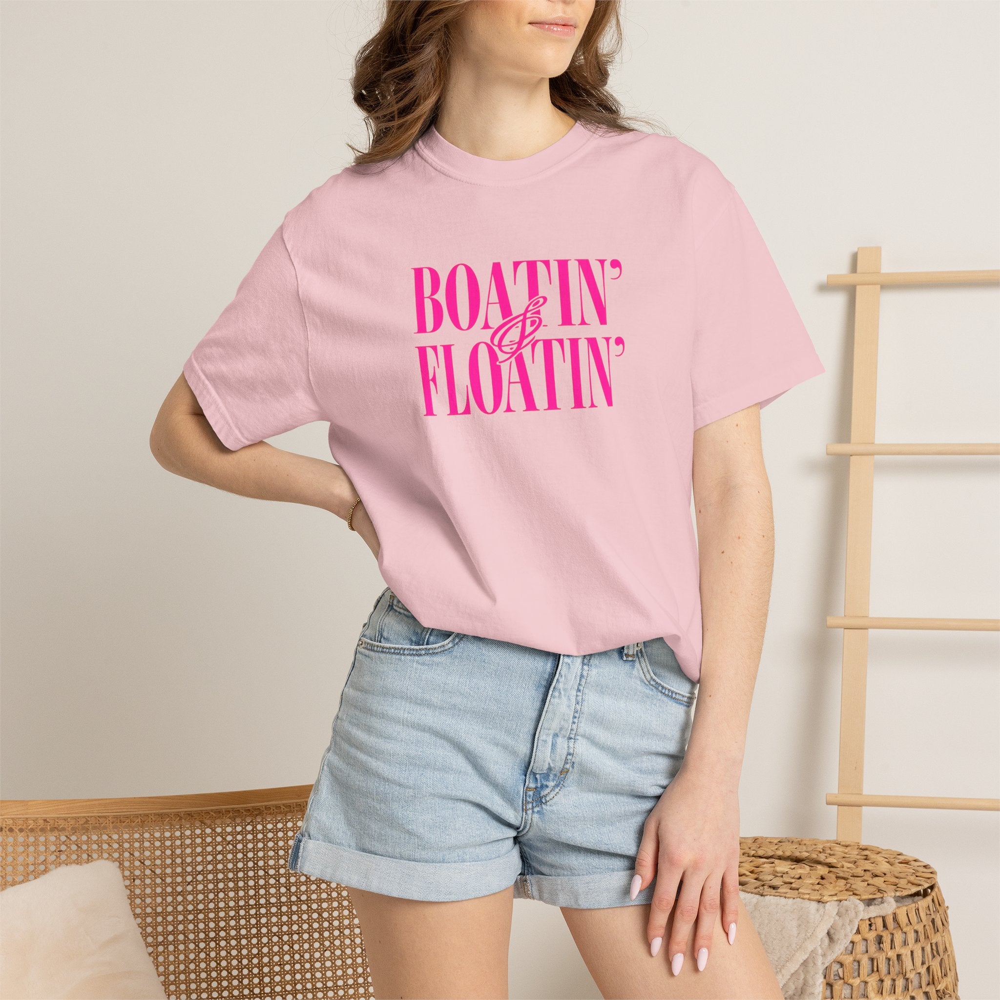 Boatin' & Floatin' T-Shirt — Retro Teal Tee with Pink Text