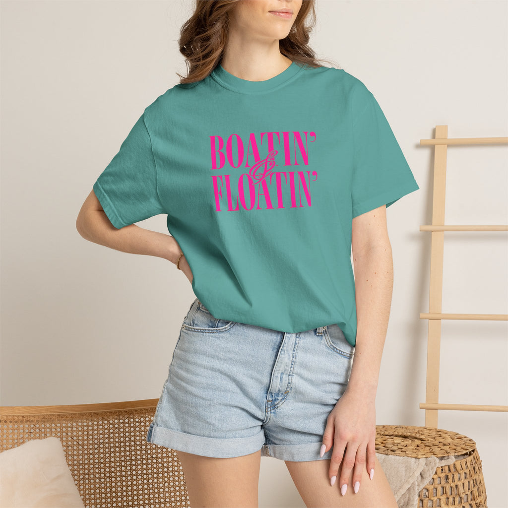 Boatin' & Floatin' T-Shirt — Retro Teal Tee with Pink Text