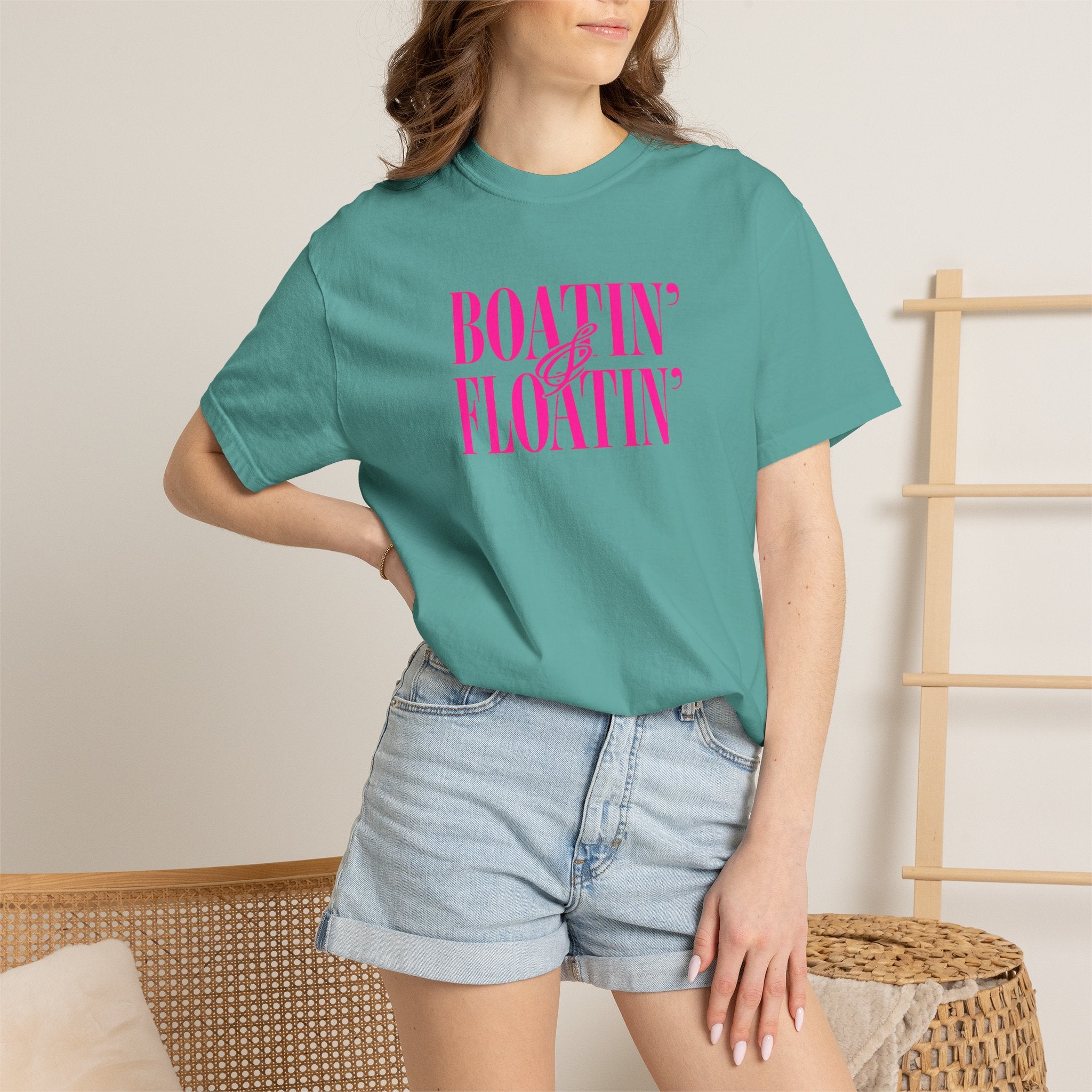 Boatin' & Floatin' T-Shirt — Retro Teal Tee with Pink Text